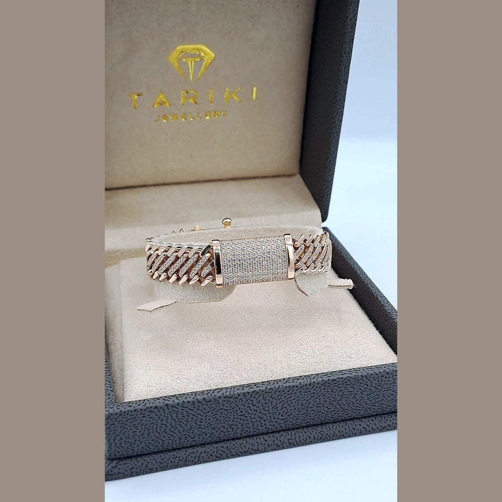 Gourmette Maille Cubaine Or Rose - Plaque Pavée de Pierres – or 18 carats | Tariki