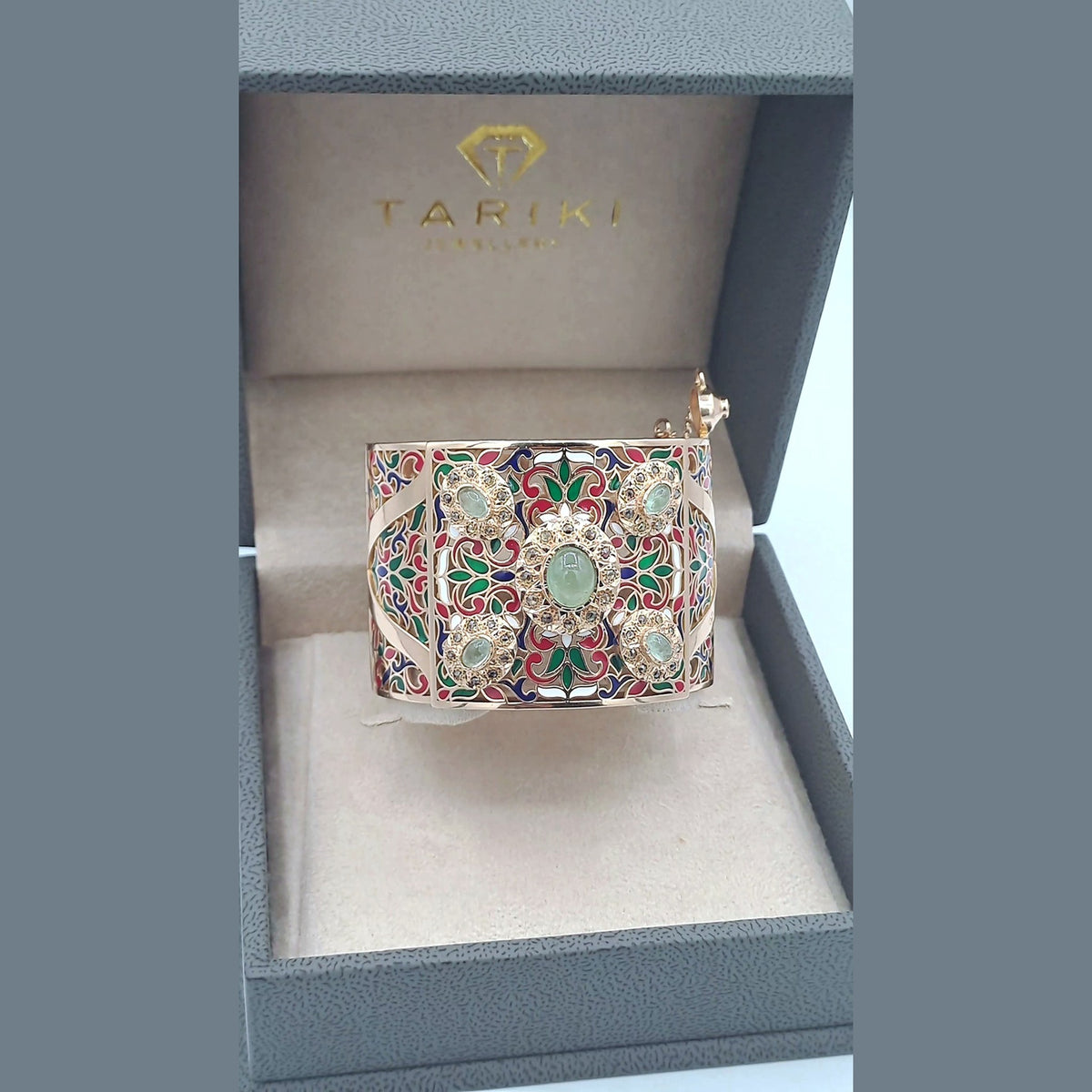 Manchette Large Beldi Or Rose - Émaillée Multicolore Sertie de Pierres, Pierre Verte – or 18 carats | Tariki