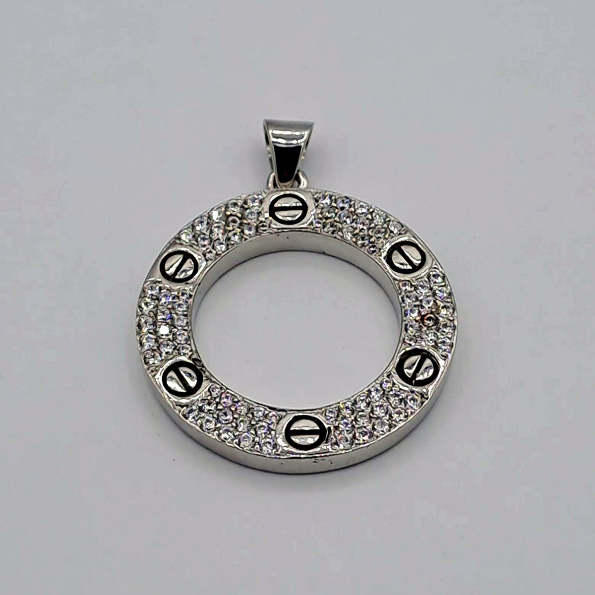 Pendentif Cercle Or Blanc - Pavé de Pierres, Motif Vis – or 18 carats | Tariki