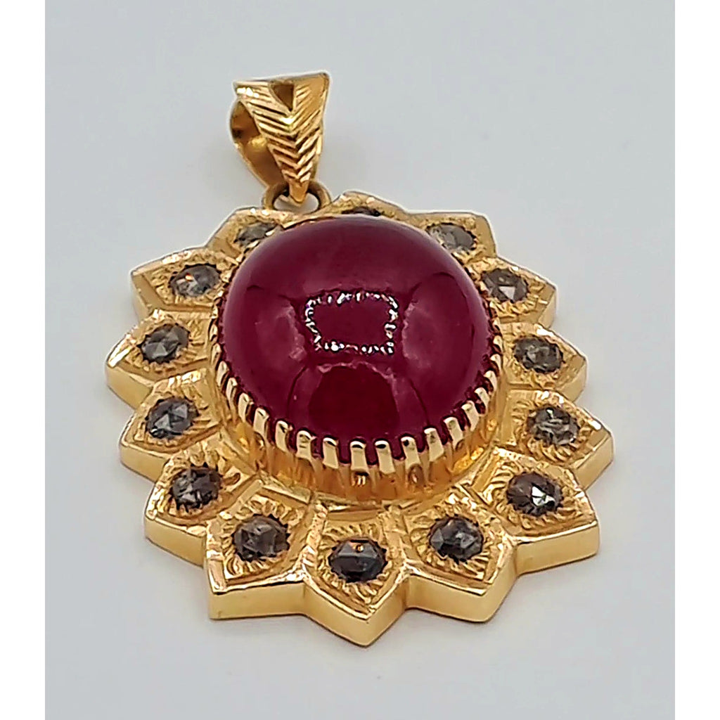 Pendentif Rosace Beldi Or Jaune - Pierre Rouge Cabochon, Entourage Serti – or 18 carats | Tariki