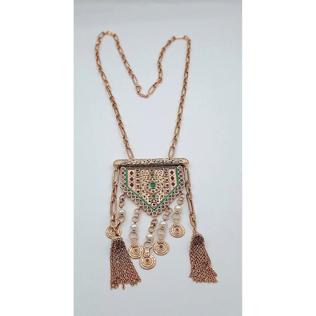 Sautoir Beldi Or Rose - Pendentif Serti, Rosaces et Pompons – or 18 carats | Tariki