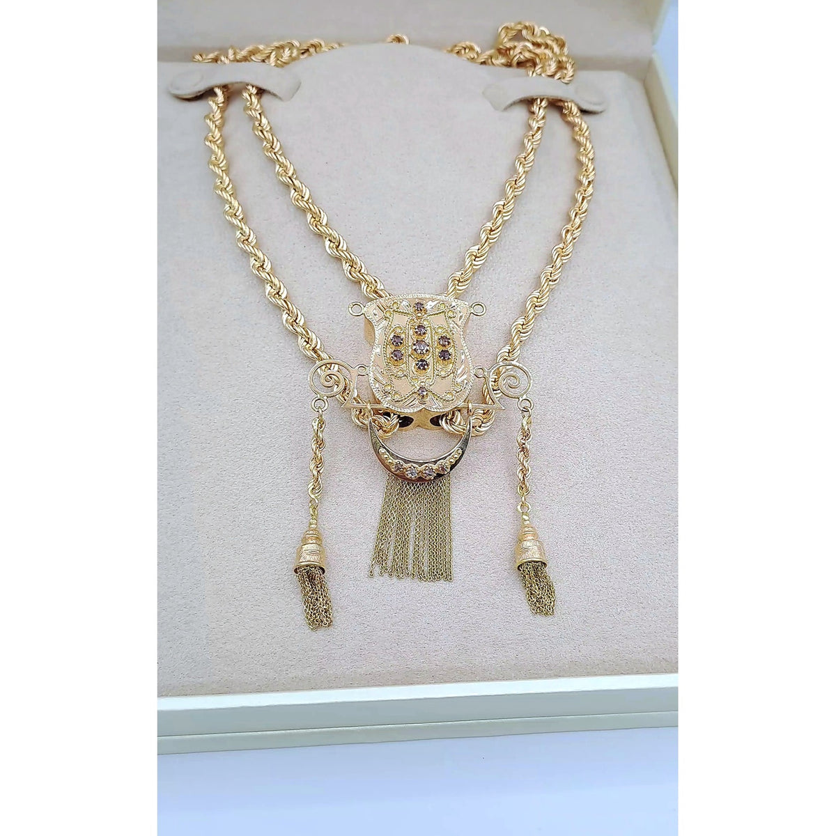 Sautoir Boulhya Double Corde Or Rose - Pendentif Serti, Pompons – or 18 carats | Tariki