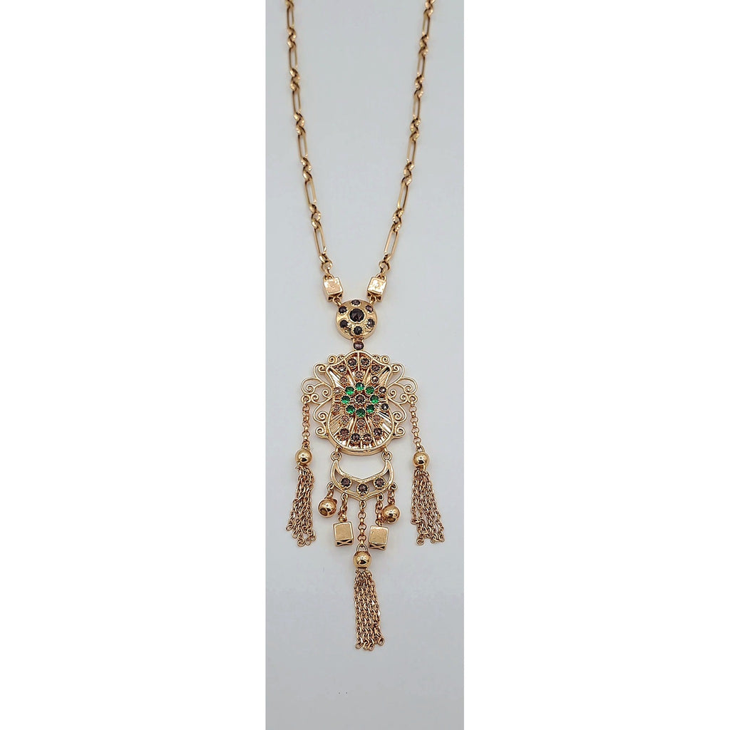 Sautoir Boulhya Or Rose - Pendentif Ajouré Serti, Pierre Verte, Pompons – or 18 carats | Tariki