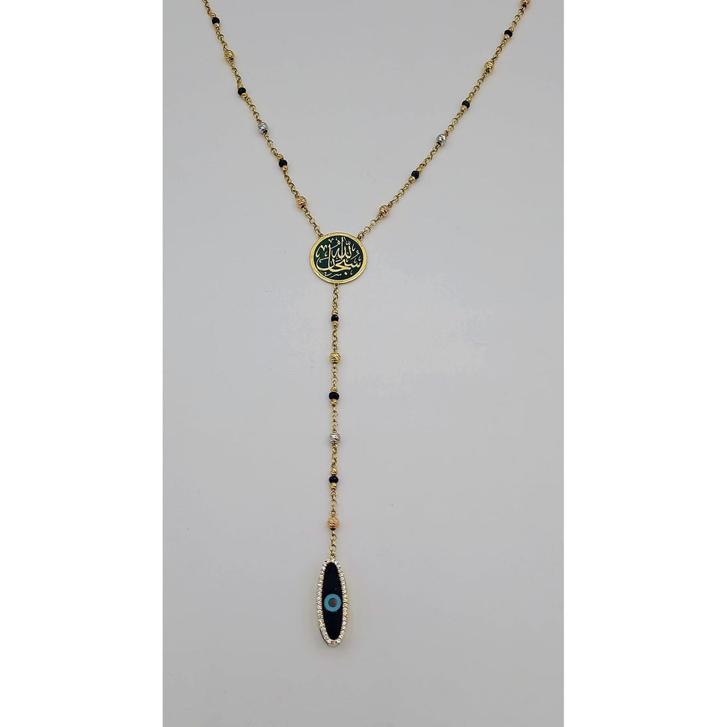 Sautoir Cravate Or Jaune - Médaillon Calligraphie Émaillé, Œil et Perles Noires – or 18 carats | Tariki