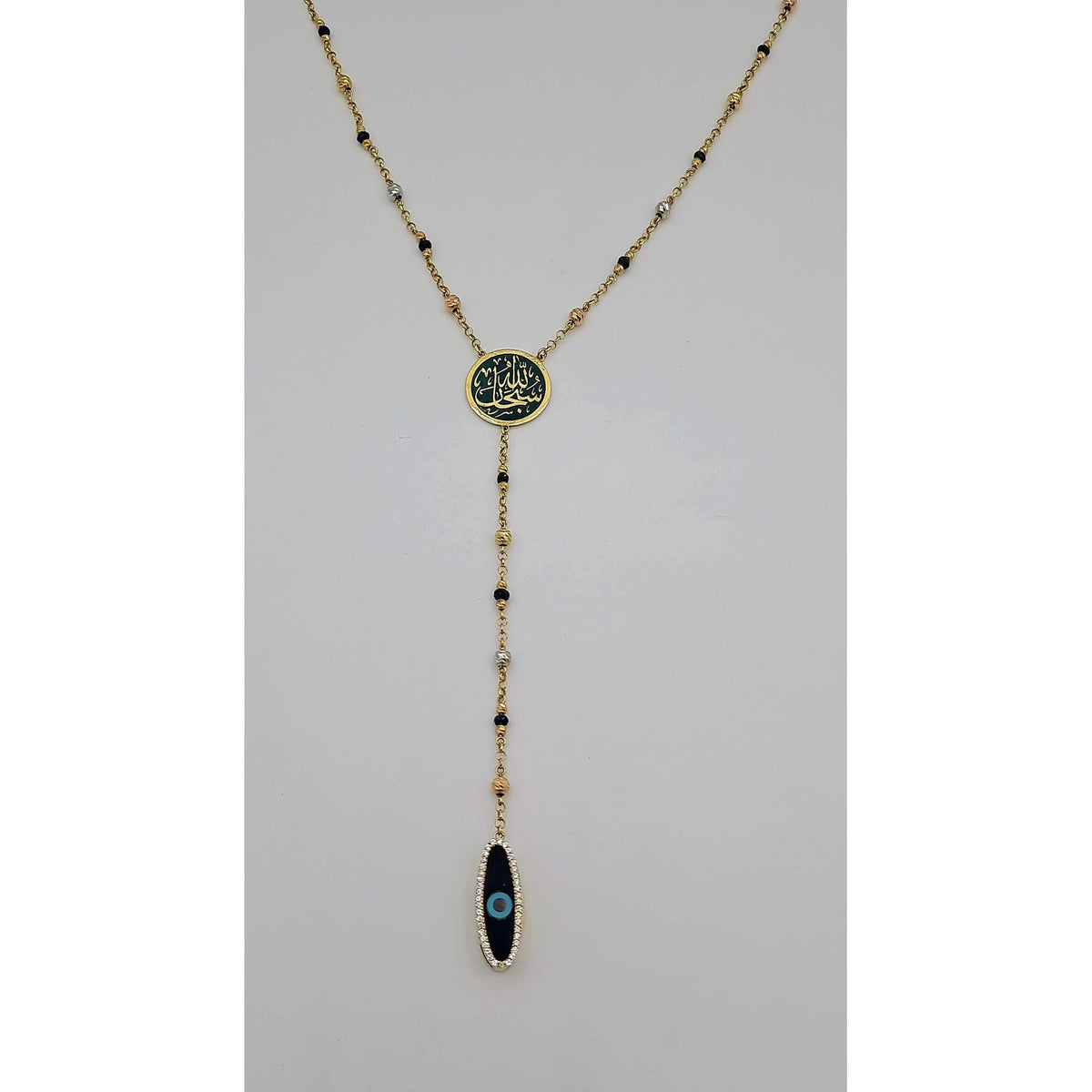 Sautoir Cravate Or Jaune - Médaillon Calligraphie Émaillé, Œil et Perles Noires – or 18 carats | Tariki