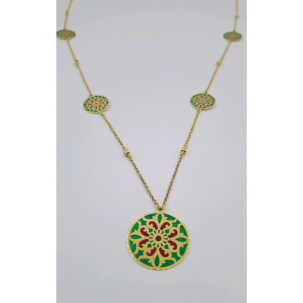 Sautoir Or Jaune - Médaillon Rosace Émaillé Vert et Rouge, Rosaces Ajourées – or 18 carats | Tariki