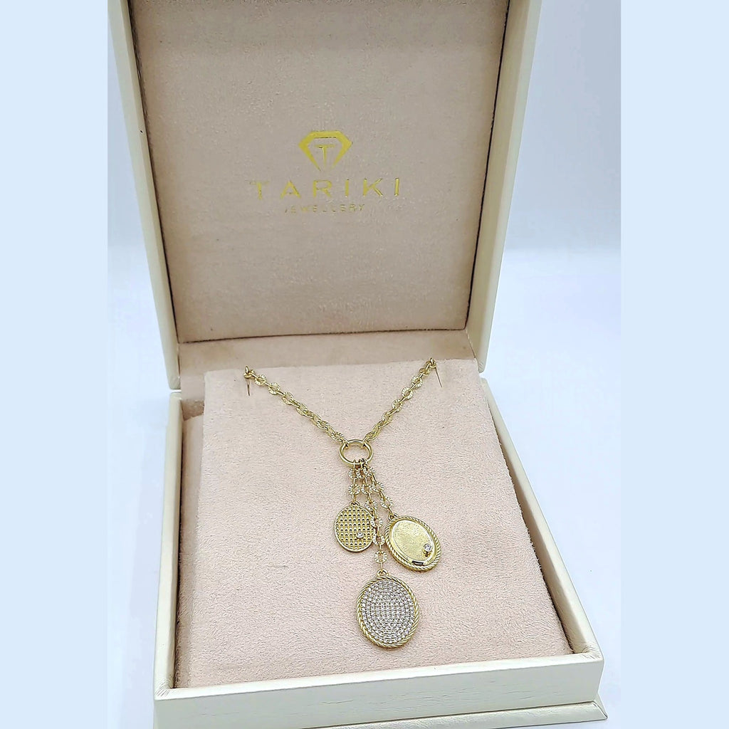 Sautoir Or Jaune - Trois Médailles (ovale Pavée, Ronde, Main de Fatma) – or 18 carats | Tariki